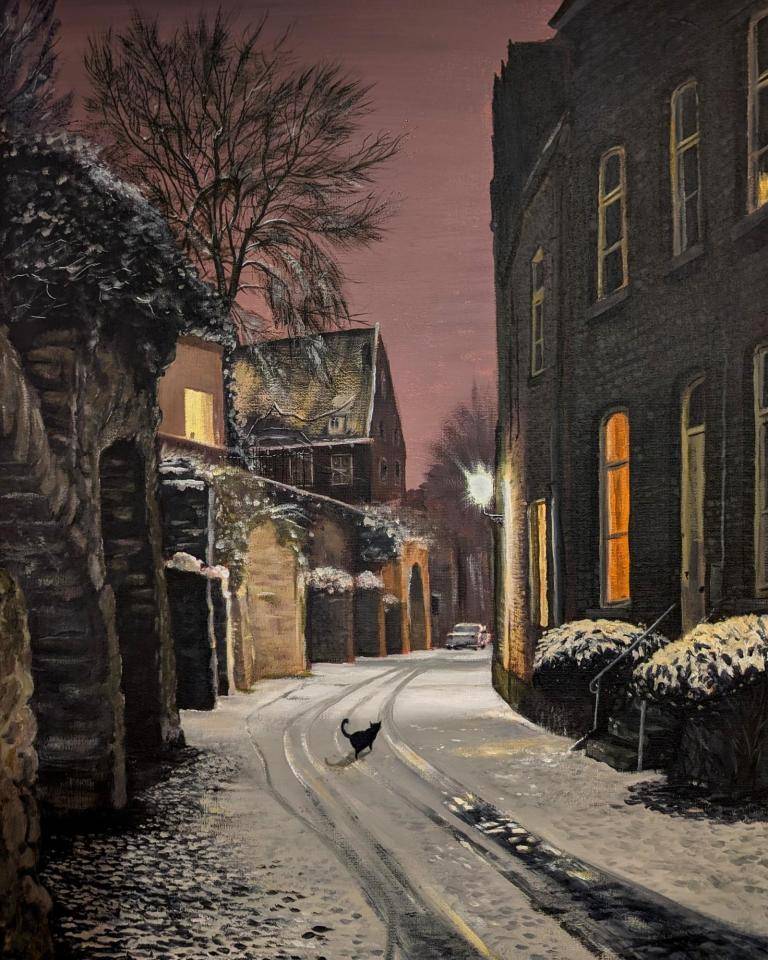 Cat on snowy street, Maastricht image
