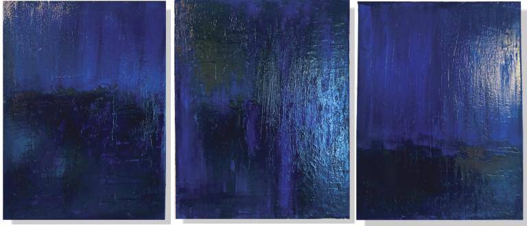 Nos. 1–2–3 Prussian Blue vs. Ultramarine. Variations in Blue · Oil on canvas · 2026 · 40 × 30 cm each · Triptych image