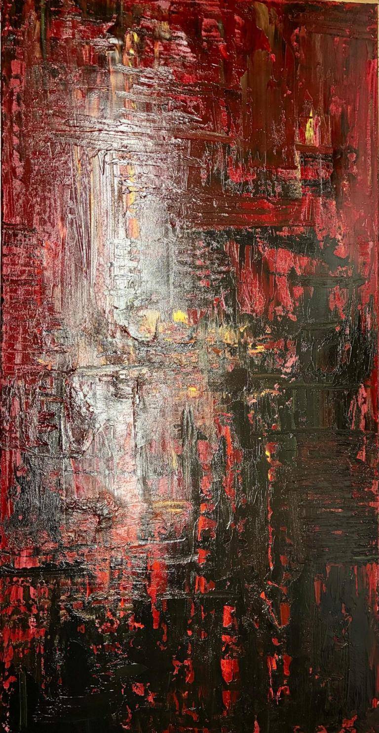 No. 23 · Monochromy – Fire 2026 · Oil on canvas, palette-knife technique · 100 × 50 cm Series: Dark Material Painting – Light and Reflection image